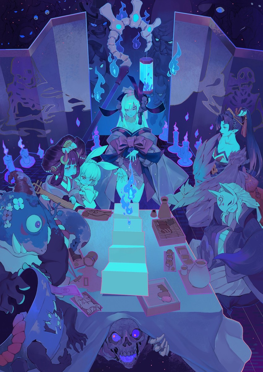 aoandon, youko, yama usagi, mouba, and hououka (onmyoji) drawn by youamo