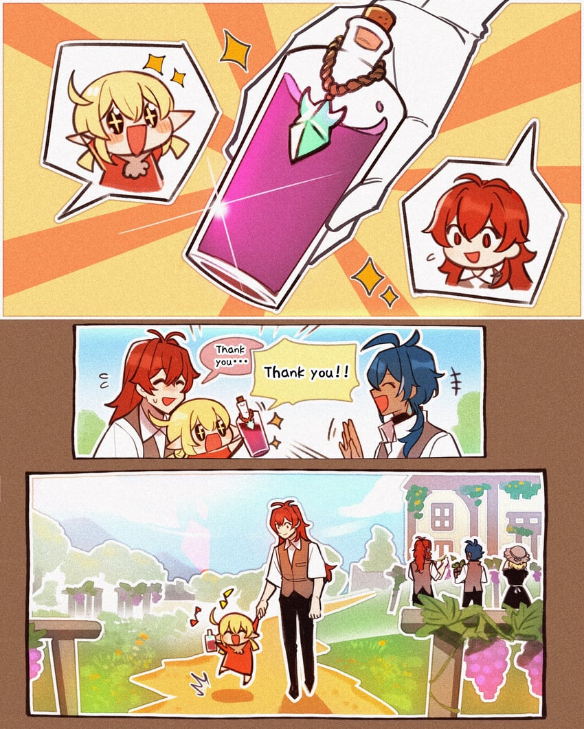 klee, diluc, kaeya, adelinde, and crepus (genshin impact) drawn by enpitsu01