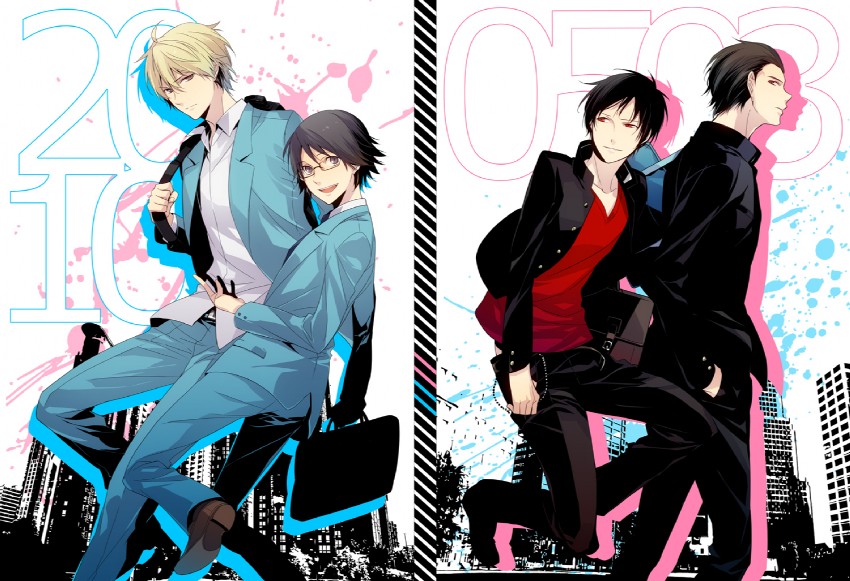 orihara izaya, heiwajima shizuo, kishitani shinra, and kadota kyouhei (durarara!!) drawn by xia_(ryugo)