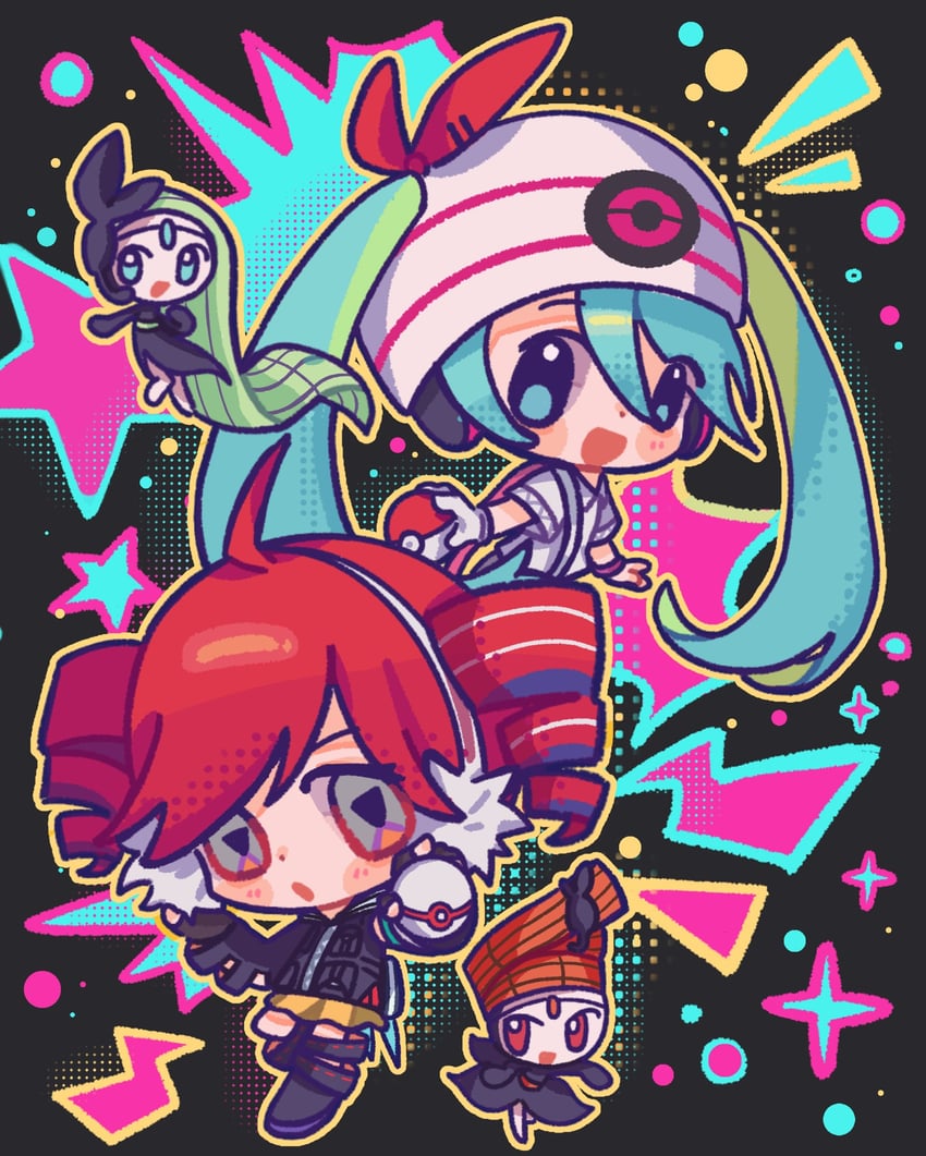 hatsune miku, kasane teto, meloetta, psychic miku, and rival teto (pokemon and 3 more) drawn by moochaakaka