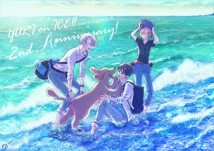 katsuki yuuri, viktor nikiforov, yuri plisetsky, and makkachin (yuri!!! on ice) drawn by tanao