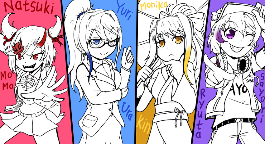 monika, natsuki, yuri, sayori, momotaros, and 3 more (kamen rider and 2 more) drawn by pen_(vmffptnlvos)