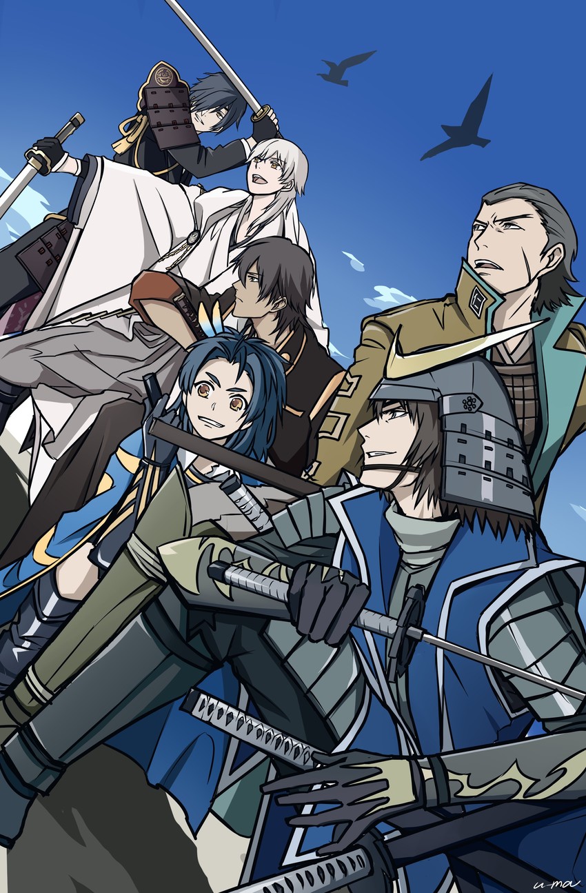 tsurumaru kuninaga, shokudaikiri mitsutada, ookurikara, date masamune, taikogane sadamune, and 2 more (touken ranbu and 1 more) drawn by yuuma_(u-ma)
