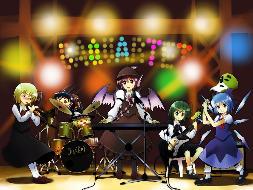 hakurei reimu, kirisame marisa, cirno, rumia, mystia lorelei, and 1 more (touhou) drawn by ruu_(tksymkw)