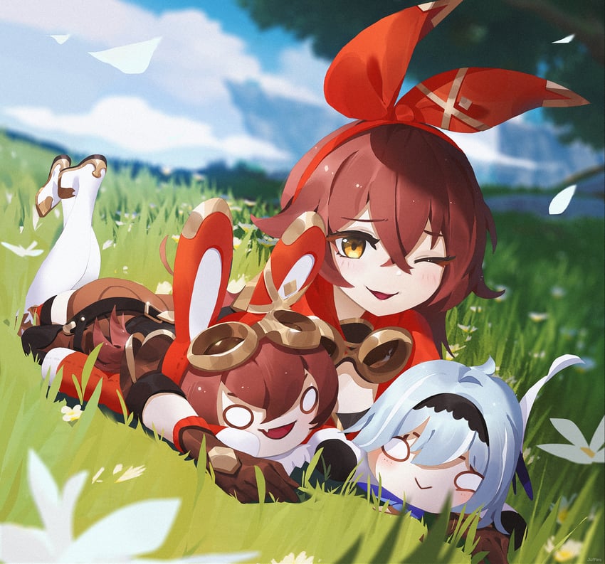 eula, amber, and baron bunny (genshin impact) drawn by juffles
