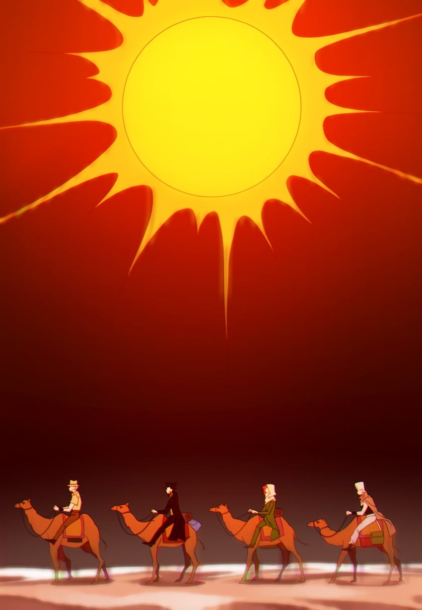 joseph joestar, kujo jotaro, kakyoin noriaki, jean pierre polnareff, and the sun (jojo no kimyou na bouken and 1 more) drawn by sempon_(doppio_note)