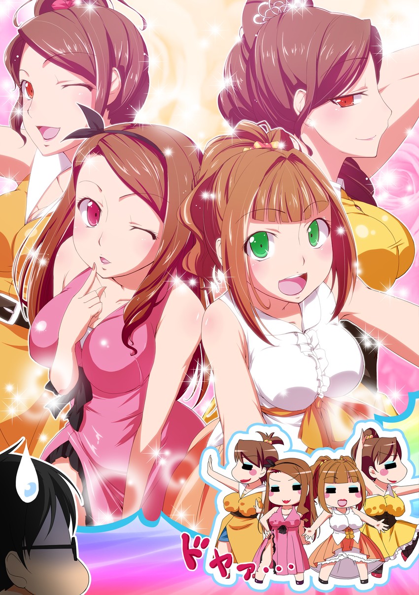 producer, minase iori, takatsuki yayoi, futami mami, and futami ami (idolmaster) drawn by natsumi_akira