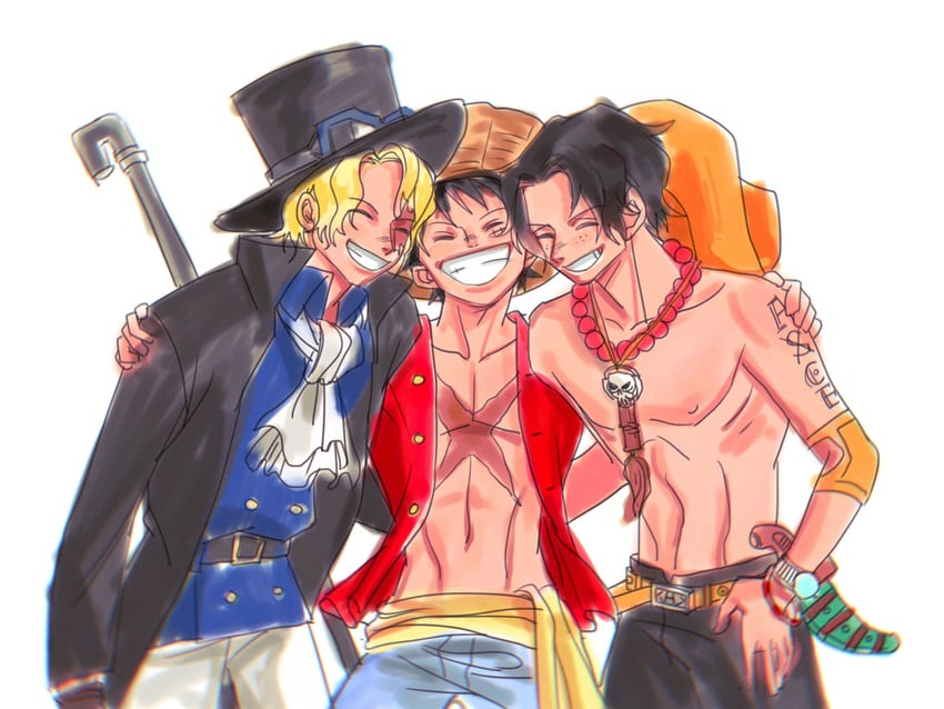 monkey d. luffy, portgas d. ace, and sabo (one piece) drawn by insect_candy