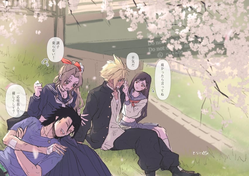 tifa lockhart, cloud strife, aerith gainsborough, and zack fair (final fantasy and 2 more) drawn by ninnin5tora