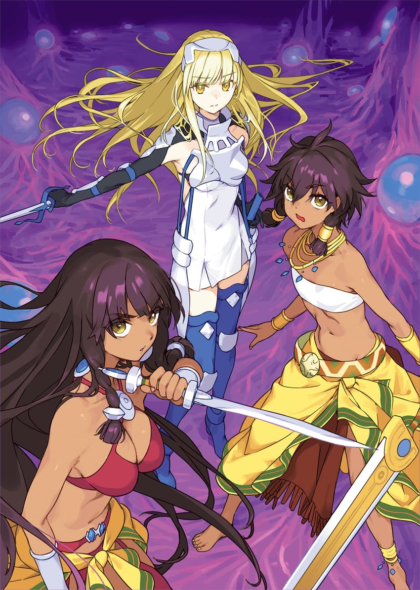 aiz wallenstein, tiona hyryute, and tione hyryute (dungeon ni deai wo motomeru no wa machigatteiru darou ka and 1 more) drawn by haimura_kiyotaka