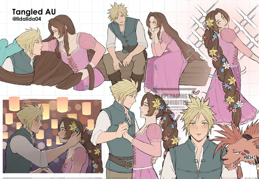 cloud strife, aerith gainsborough, red xiii, rapunzel, and flynn rider (final fantasy and 2 more) drawn by lida_(lidalida04)