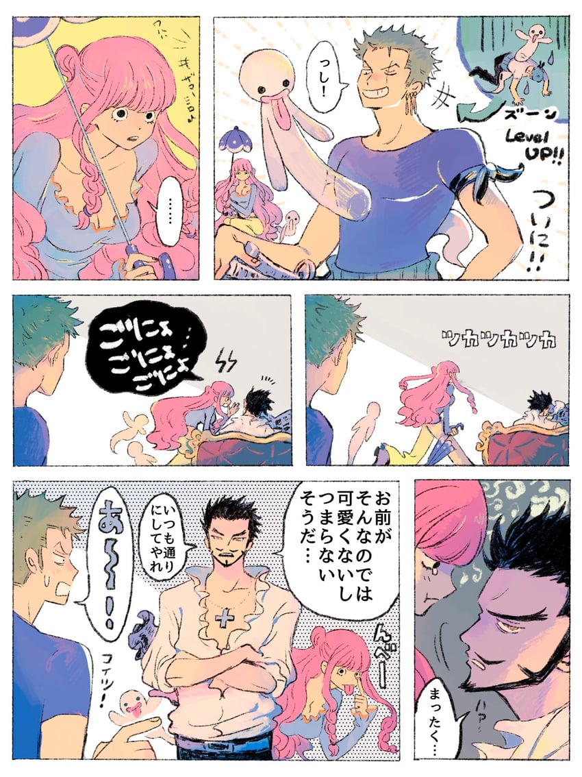 roronoa zoro, perona, and dracule mihawk (one piece) drawn by makenevemoiine