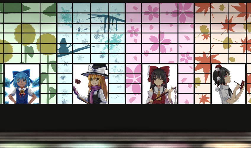 hakurei reimu, kirisame marisa, cirno, shameimaru aya, and tanned cirno (touhou and 1 more) drawn by luke_(kyeftss)