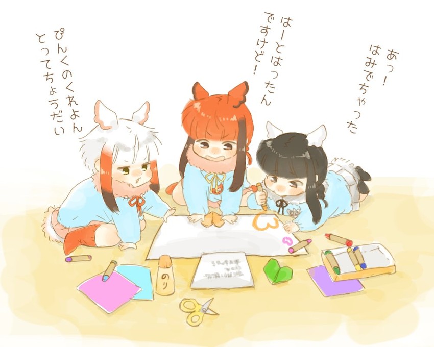 japanese crested ibis, scarlet ibis, and black-headed ibis (kemono friends) drawn by moeki_(moeki0329)