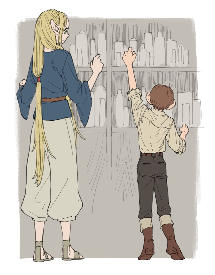 marcille donato and chilchuck tims (dungeon meshi) drawn by mame_moyashi