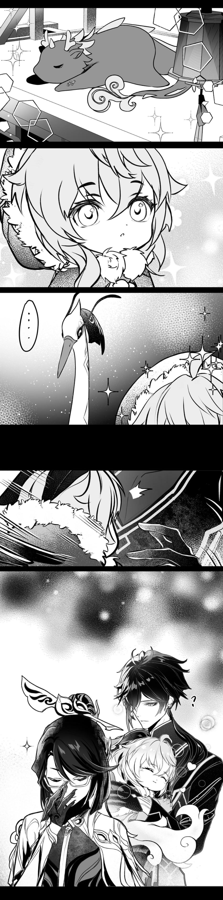 ganyu, zhongli, xianyun, rex lapis, and cloud retainer (genshin impact) drawn by chrysos_milk
