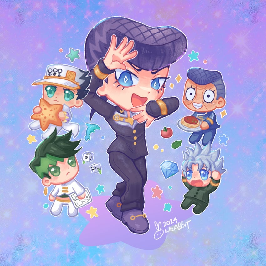 kujo jotaro, higashikata josuke, kishibe rohan, nijimura okuyasu, hirose koichi, and 2 more (jojo no kimyou na bouken and 1 more) drawn by graywrabbit