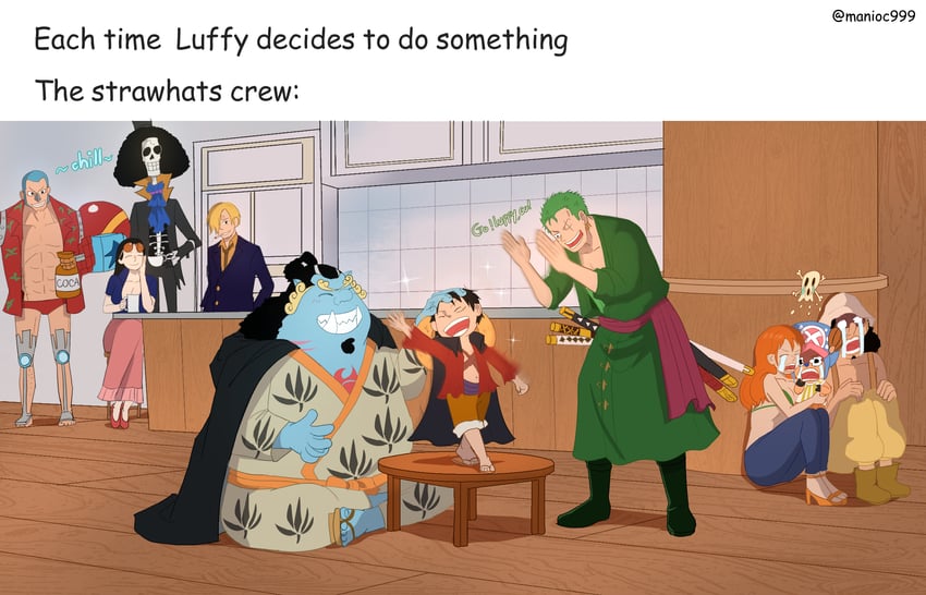 nami, monkey d. luffy, nico robin, roronoa zoro, sanji, and 5 more (one piece) drawn by manioc_999