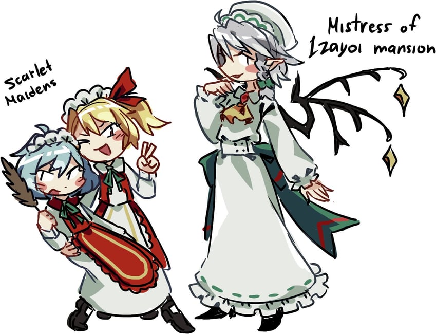 remilia scarlet, flandre scarlet, and izayoi sakuya (touhou) drawn by zuomerika