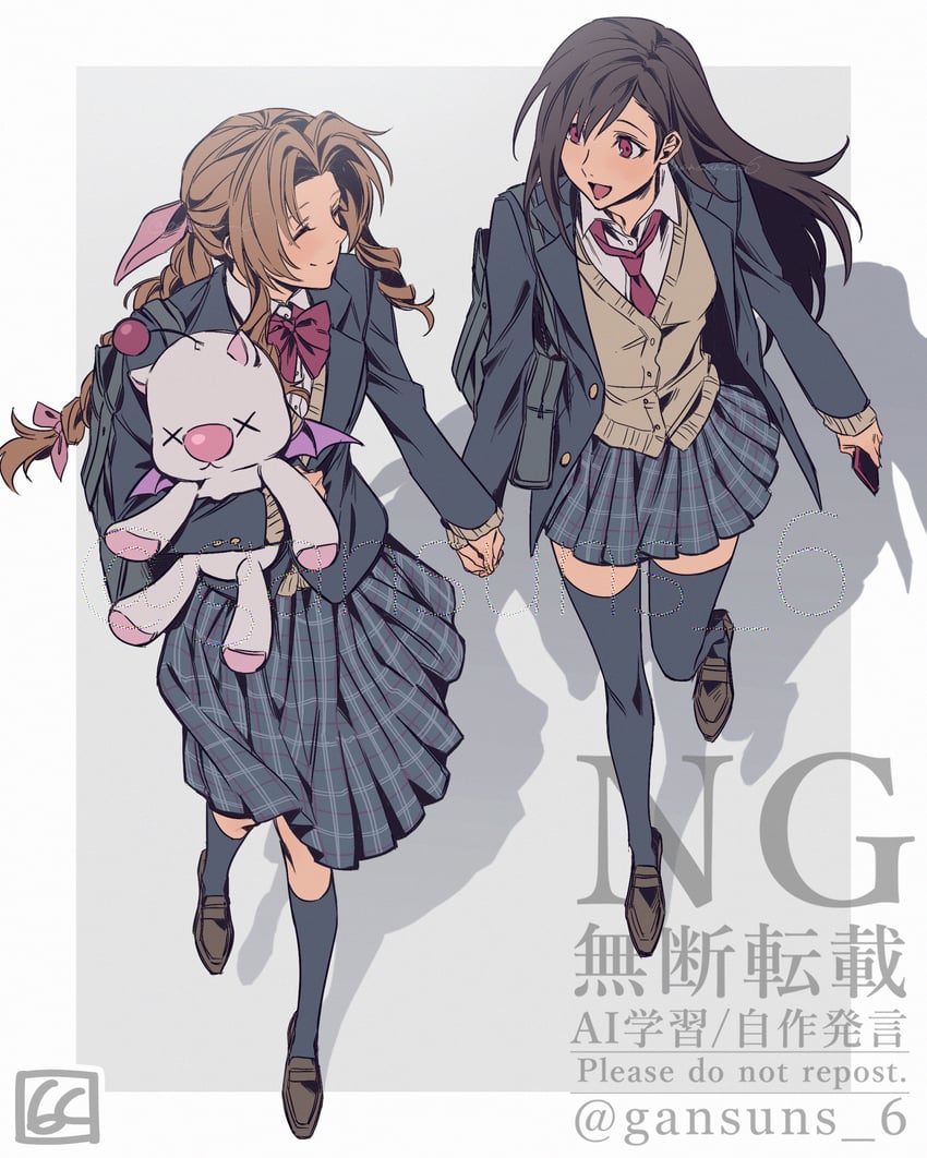 tifa lockhart, aerith gainsborough, and moogle (final fantasy and 1 more) drawn by roku_(gansuns)