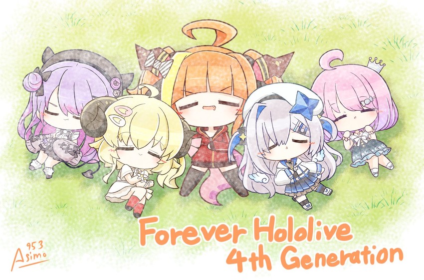 tokoyami towa, amane kanata, kiryu coco, tsunomaki watame, and himemori luna (hololive) drawn by asimo953