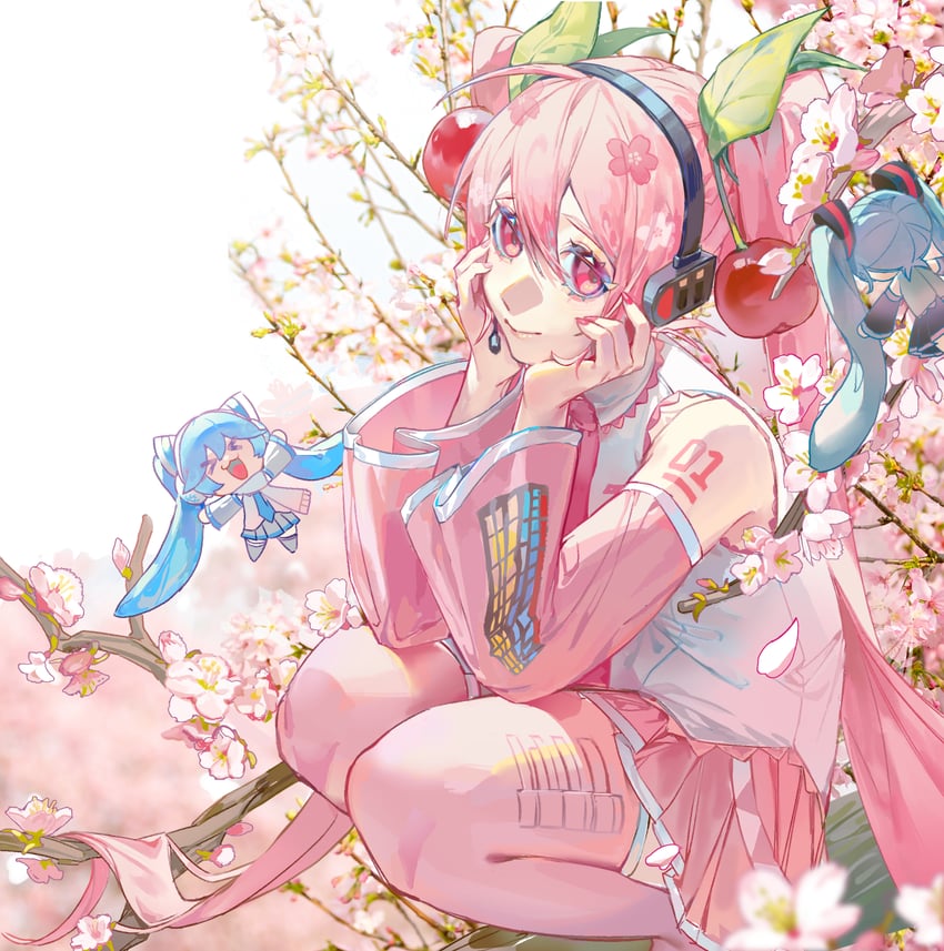 hatsune miku, yuki miku, and sakura miku (vocaloid) drawn by kako_(pixiv77158173)