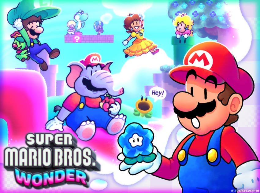 princess peach, mario, luigi, princess daisy, yoshi, and 7 more (mario and 1 more) drawn by jradical2014