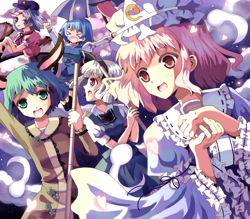 konpaku youmu, saigyouji yuyuko, tatara kogasa, miyako yoshika, and kasodani kyouko (touhou and 1 more) drawn by hazakura_satsuki