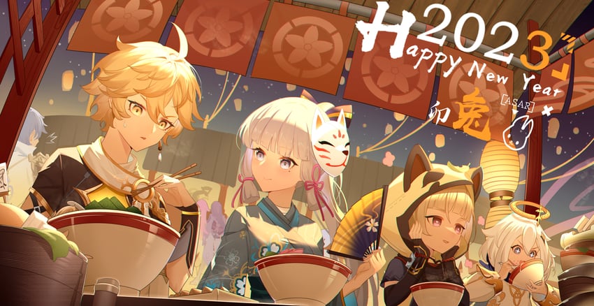 raiden shogun, aether, yae miko, paimon, kamisato ayaka, and 2 more (genshin impact) drawn by hunxuemeilin