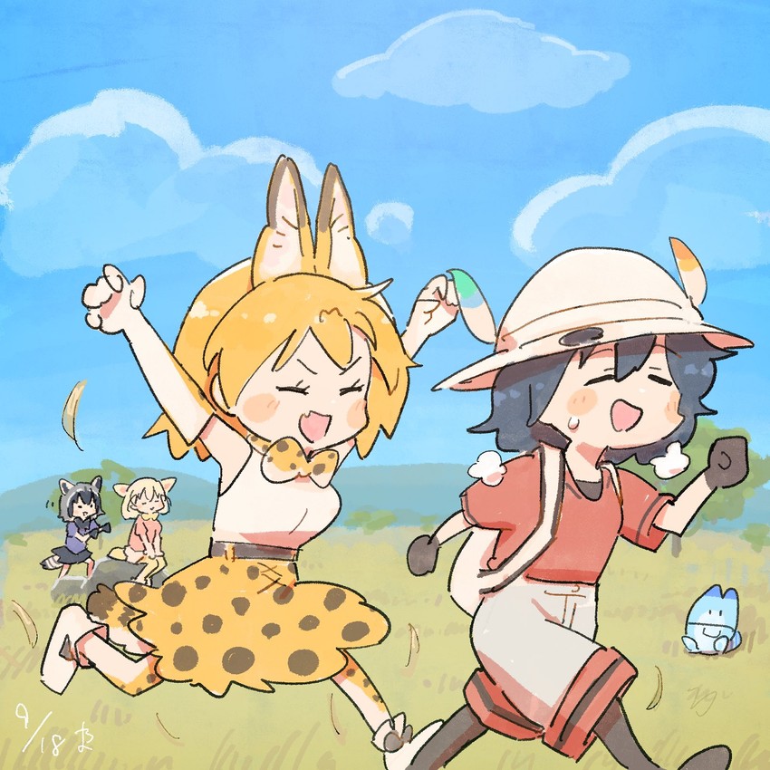 serval, kaban, common raccoon, fennec, and lucky beast (kemono friends) drawn by wamawmwm