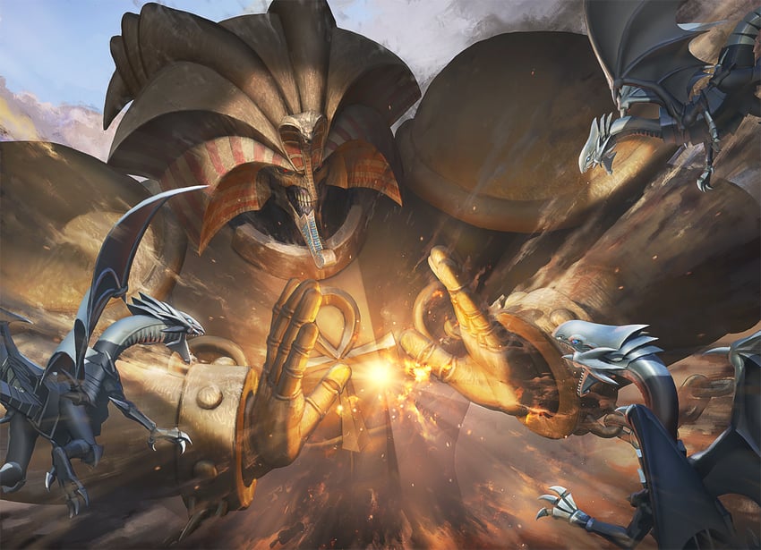 blue-eyes white dragon, exodia the forbidden one, and obliterate!!! (yu-gi-oh!) drawn by suranaki