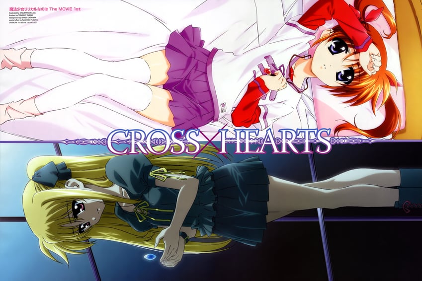 fate testarossa, takamachi nanoha, and raising heart (lyrical nanoha and 2 more) drawn by okuda_yasuhiro