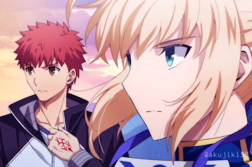 artoria pendragon, saber, and emiya shirou (fate and 1 more) drawn by akujiki59