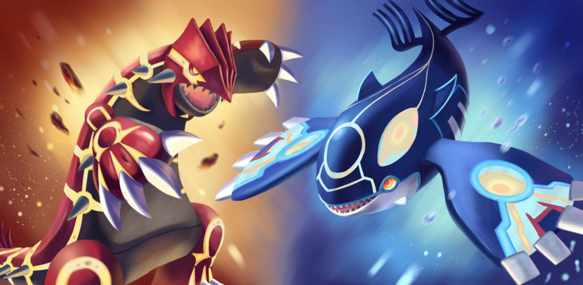 kyogre, groudon, primal kyogre, and primal groudon (pokemon) drawn by hooh_lin