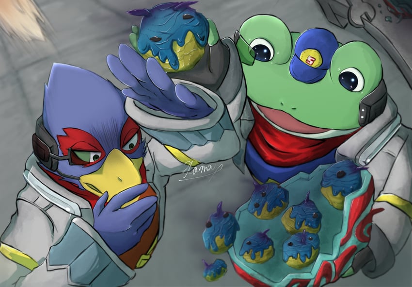 falco lombardi and slippy toad (star fox and 1 more) drawn by nico_tama