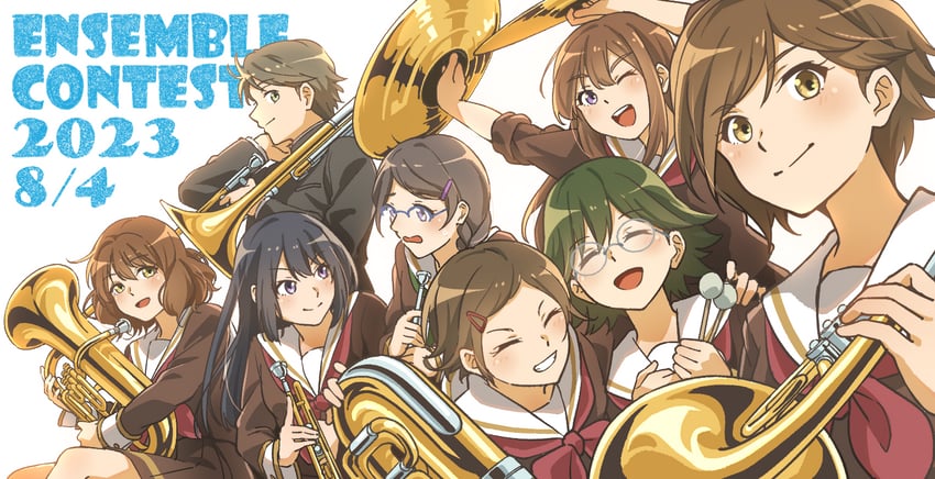 oumae kumiko, kousaka reina, katou hazuki, tsukamoto shuuichi, inoue junna, and 3 more (hibike! euphonium) drawn by fuyuhino