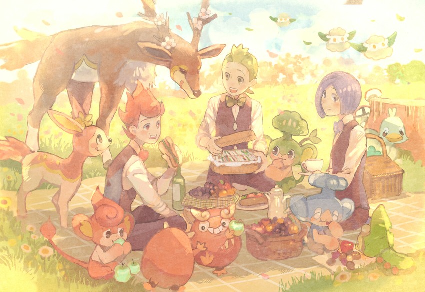 cilan, pansage, deerling, foongus, cottonee, and 8 more (pokemon and 1 more) drawn by pon_(cielo)