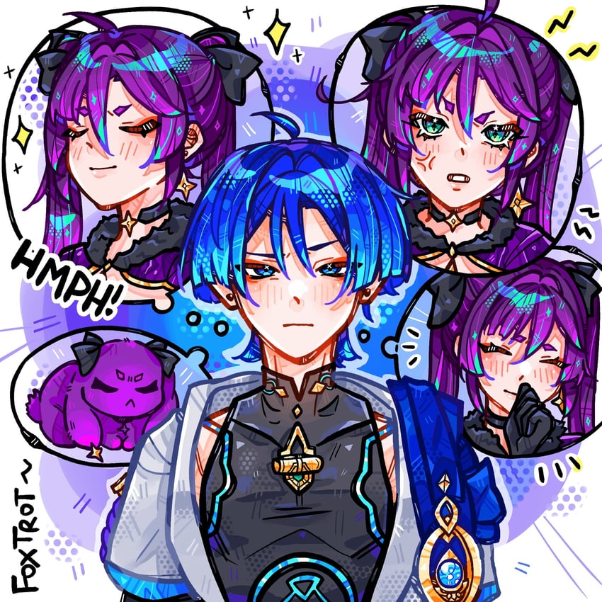 scaramouche, wanderer, and mona (genshin impact) drawn by foxtrot_(foxtrot_xx)