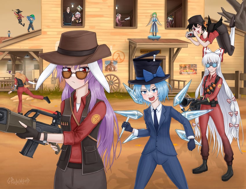 kirisame marisa, komeiji koishi, konpaku youmu, cirno, shameimaru aya, and 28 more (touhou and 1 more) drawn by grummsed