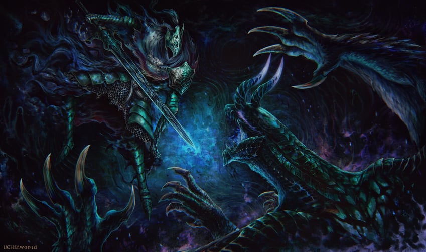 artorias the abysswalker and gore magala (monster hunter and 2 more) drawn by uchi_vs_the_world
