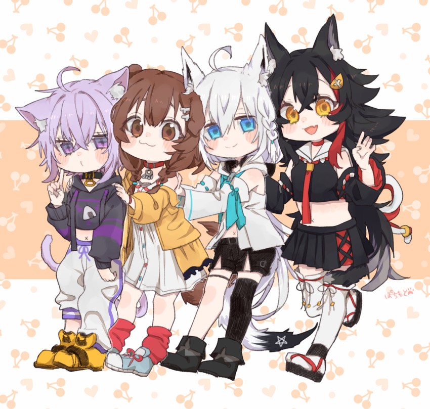 shirakami fubuki, nekomata okayu, ookami mio, and inugami korone (hololive) drawn by pochimoto
