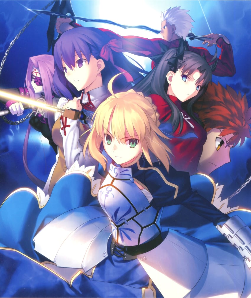 artoria pendragon, saber, tohsaka rin, emiya shirou, matou sakura, and 2 more (fate and 1 more) drawn by takeuchi_takashi
