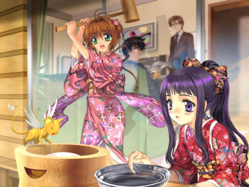 kinomoto sakura, kero, daidouji tomoyo, kinomoto touya, and kinomoto fujitaka (cardcaptor sakura) drawn by mutsuki_(moonknives)