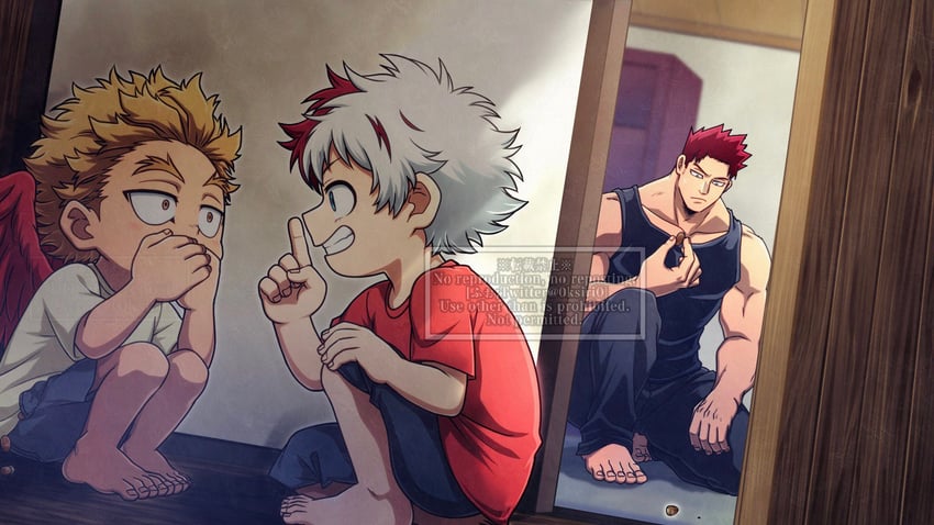 endeavor, hawks, and todoroki touya (boku no hero academia) drawn by 0ksiri0