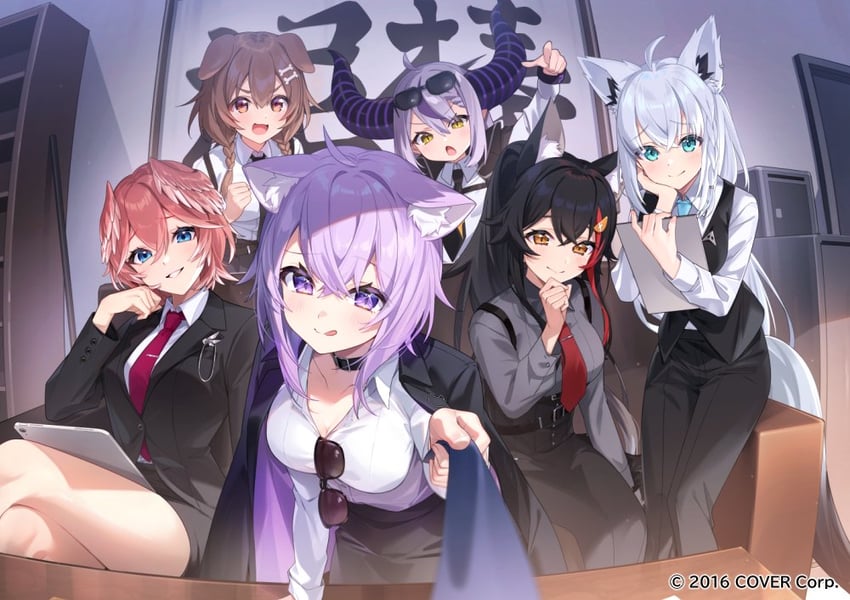 shirakami fubuki, nekomata okayu, ookami mio, inugami korone, la+ darknesss, and 1 more (hololive) drawn by pisuke_wan