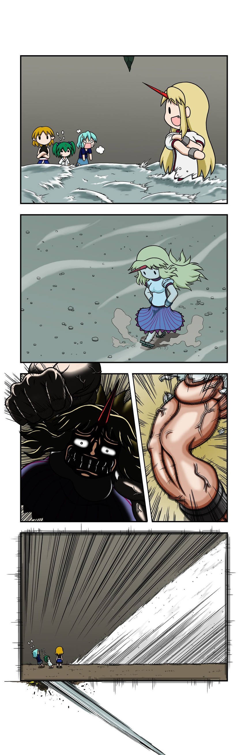 tatara kogasa, mizuhashi parsee, hoshiguma yuugi, and kisume (touhou) drawn by rakugaki-biyori