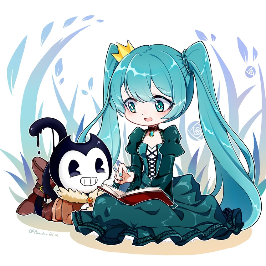 hatsune miku and bendy (vocaloid and 1 more) drawn by powderblue_lan