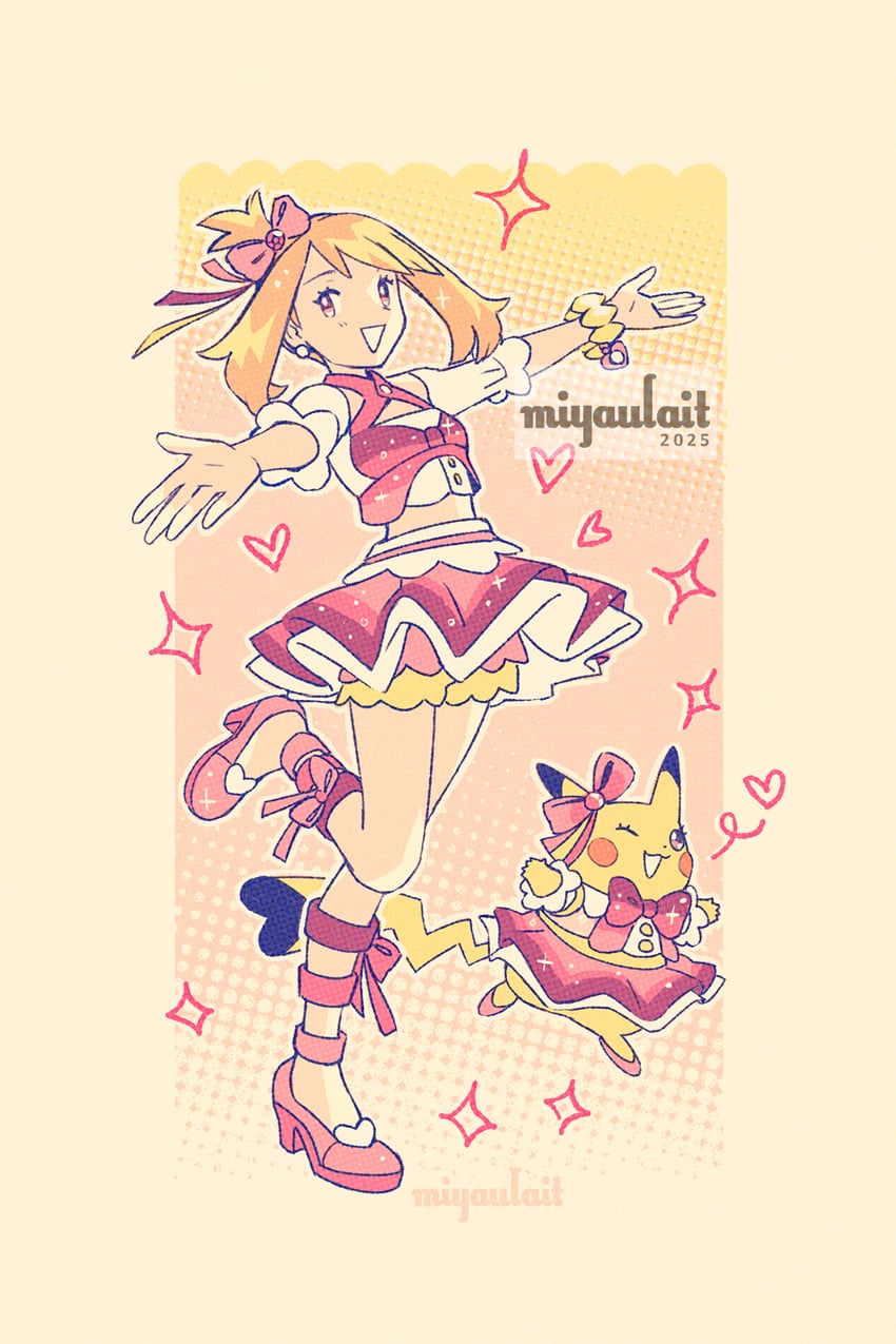 pikachu, cosplay pikachu, may, and pikachu pop star (pokemon and 1 more) drawn by miyaulait