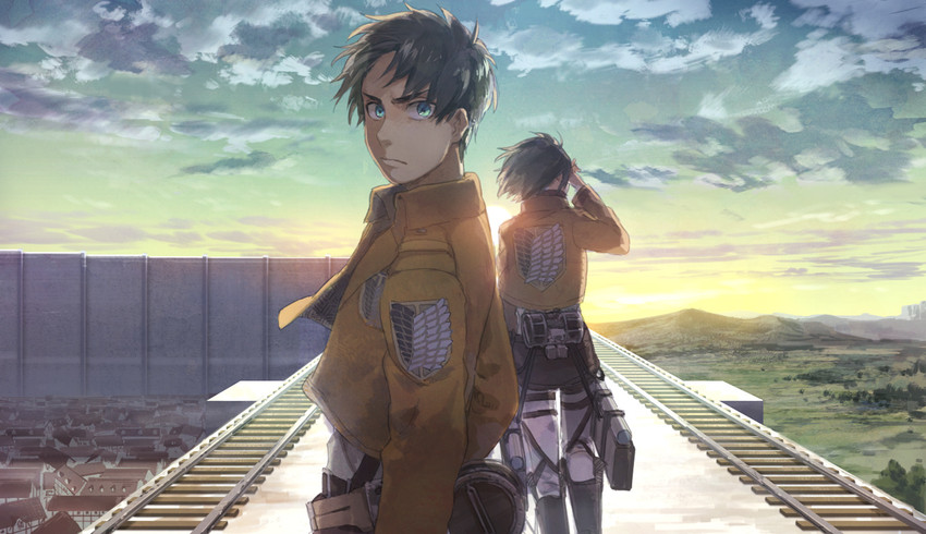 mikasa ackerman and eren yeager (shingeki no kyojin) drawn by zukki_(suzukio)