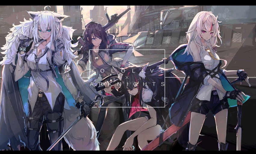 shirakami fubuki, ookami mio, oozora subaru, nakiri ayame, exusiai, and 3 more (hololive and 1 more) drawn by tsumeki